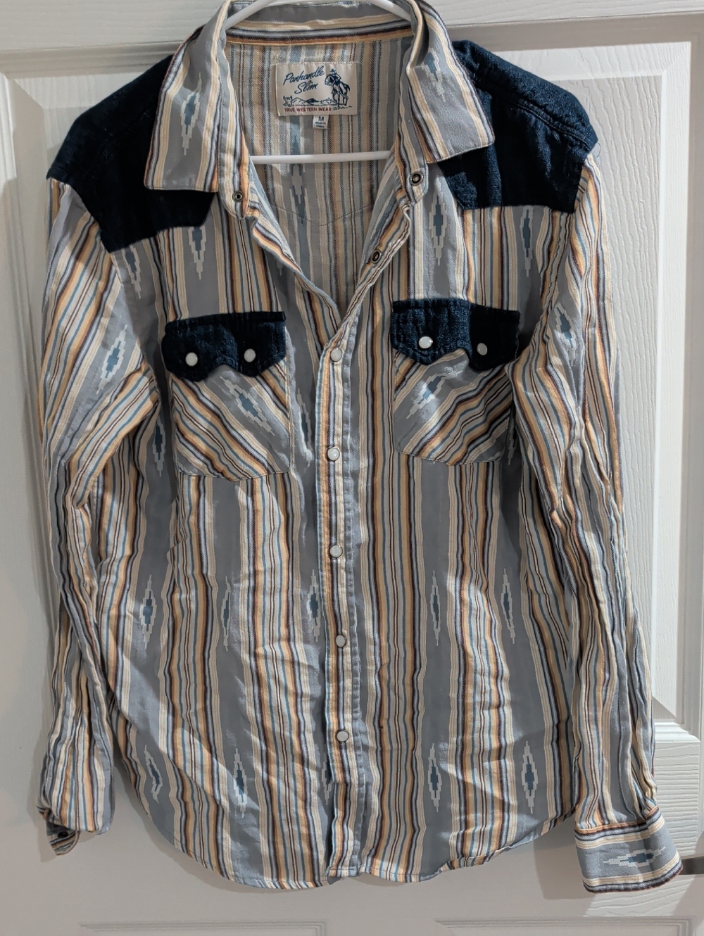 Panhandle Slim Striped Western Button-Down Shirt - Gray, Navy & Tan